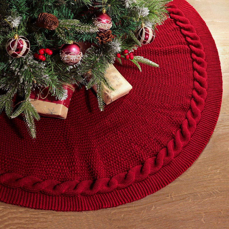 LimBridge 48 Inch Christmas Tree Skirt: Cable Knit Tree Skirt for 7.5FT Tree, Wine Red Tree Skirt, Vintage Tree Skirts, Rustic Farmhouse Christmas Decorations - Image 1